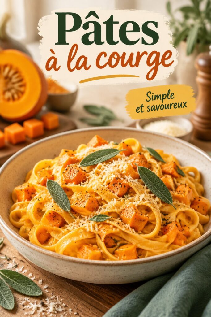 Plat de pâtes à la courge organisé sur une table en camping.