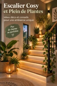 Un escalier décoré avec de belles plantes vertes et un éclairage chaleureux
