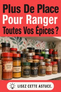 Un rangement d'épices bien organisé dans une cuisine chaleureuse, avec divers bocaux et tiroirs.