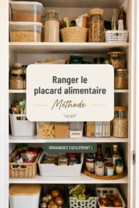 Un placard alimentaire bien organisé avec des bocaux étiquetés et des étagères rangées.