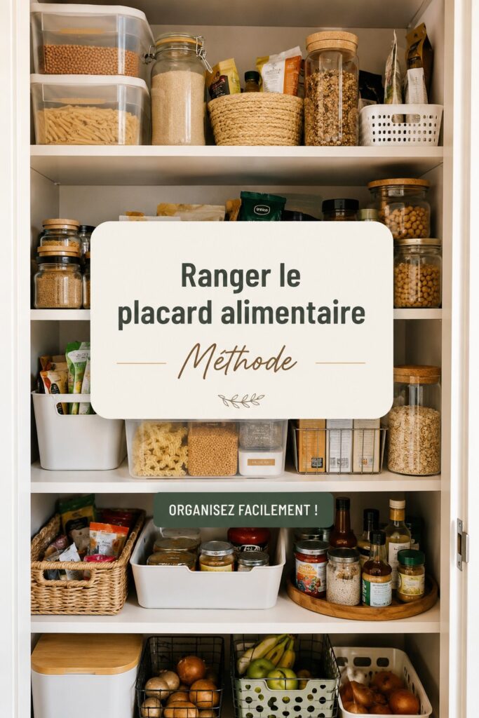 Un placard alimentaire bien organisé avec des bocaux étiquetés et des étagères rangées.