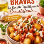 Assiette de patatas bravas croustillantes, garnies de sauce piquante, prêtes à être dégustées.