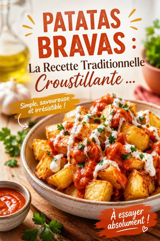Assiette de patatas bravas croustillantes, garnies de sauce piquante, prêtes à être dégustées.