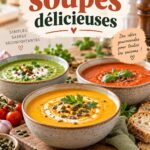 Un bol de soupe chaude préparée en camping, entouré de verdure et d'ustensiles de cuisine en plein air.