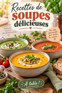 Un bol de soupe chaude préparée en camping, entouré de verdure et d'ustensiles de cuisine en plein air.