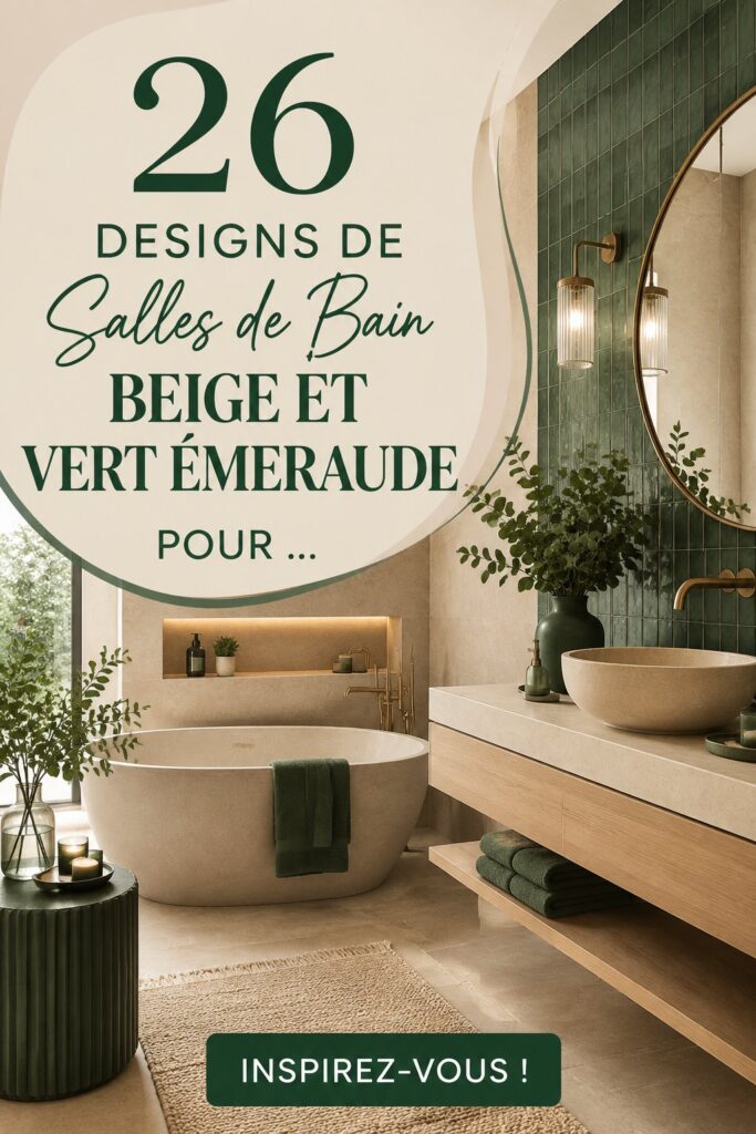 Salle de bain élégante en beige et vert émeraude avec baignoire et meubles assortis.