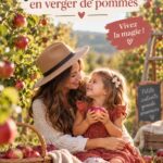 Séance photo en verger de pommes avec des familles souriantes.