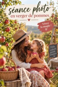 Séance photo en verger de pommes avec des familles souriantes.