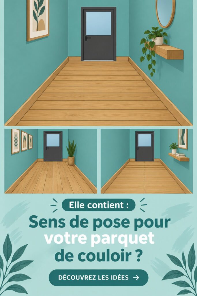 Un couloir moderne avec un parquet en pose diagonale, décoré avec des éléments de design.