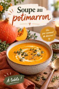 Soupe au potimarron servie en camping sur une table en bois