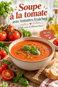 Bol de soupe à la tomate maison avec quelques feuilles de basilic
