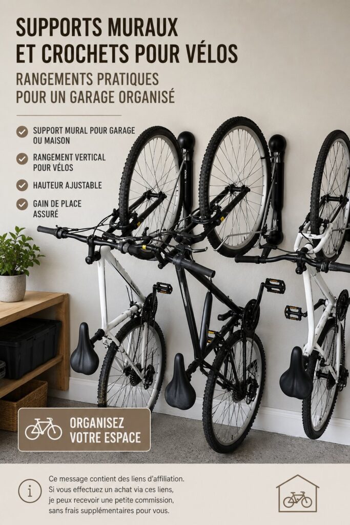Un garage bien organisé avec différents supports à vélo muraux.