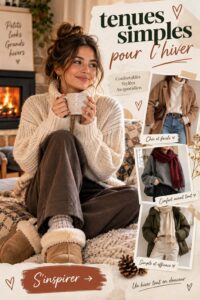 Un ensemble de tenues d'hiver simples et confortables sur un fond neigeux.