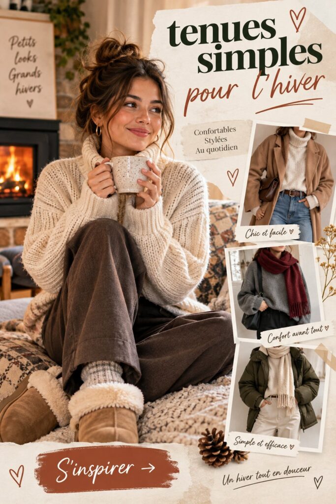Un ensemble de tenues d'hiver simples et confortables sur un fond neigeux.