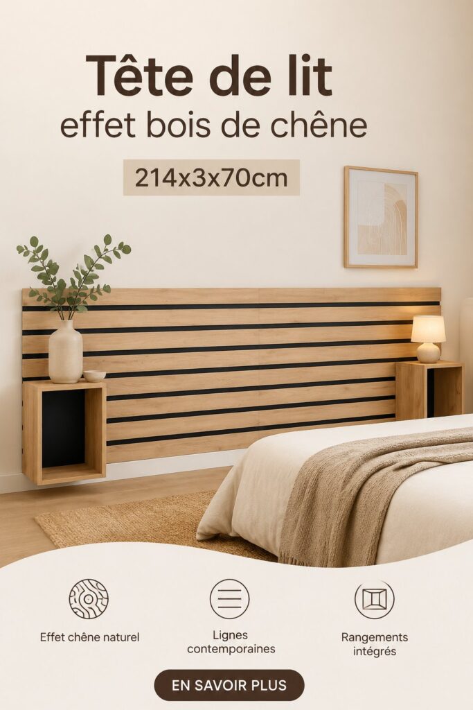 Tête de lit en bois de chêne dans une chambre élégante et chaleureuse