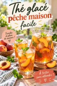 Un verre de thé glacé à la pêche maison avec des tranches de pêche en garniture.
