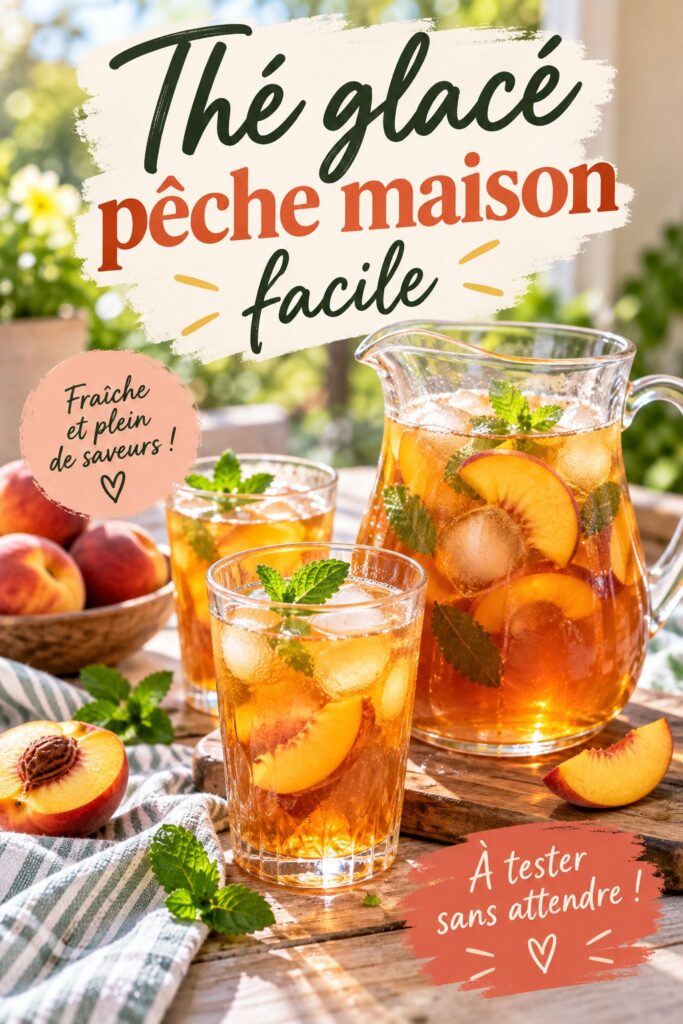 Un verre de thé glacé à la pêche maison avec des tranches de pêche en garniture.