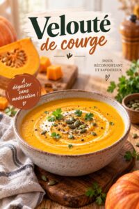 Une tasse de velouté de courge fumant en pleine nature, prête à être dégustée au camping.
