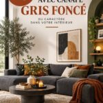 Un salon moderne avec un canapé gris foncé et une décoration chaleureuse