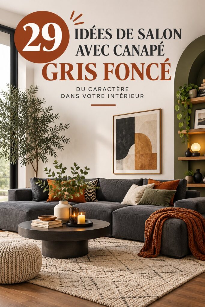 Un salon moderne avec un canapé gris foncé et une décoration chaleureuse