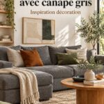 Canapé en charbon chic dans un salon chaleureux