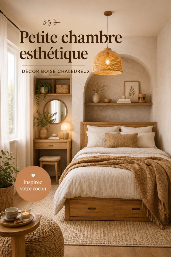 Une petite chambre chaleureuse avec des éléments en bois et une ambiance cosy.