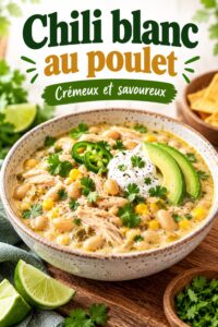 Chili blanc au poulet préparé en camping, servi dans une assiette en plein air