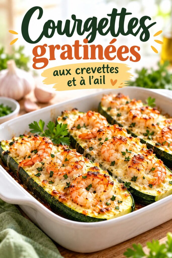 Plat de courgettes gratinées aux crevettes et à l'ail en extérieur sur une table de camping.