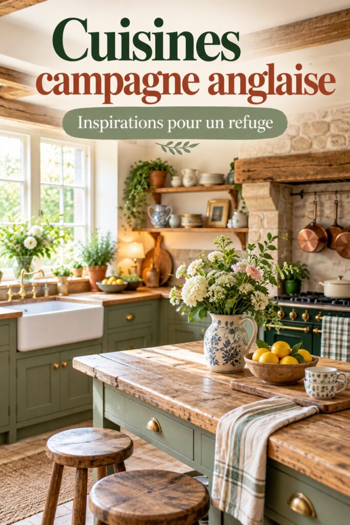 Une cuisine de campagne anglaise chaleureuse avec des meubles en bois et des accents en porcelaine.