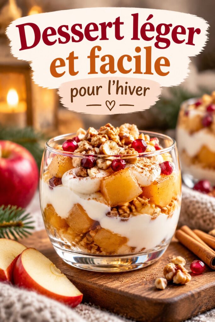 Dessert léger composé de fruits frais et crème légère dans un bol en bois, parfait pour l'hiver.