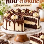 Un gâteau noir et blanc coupé en tranches sur une table de camping