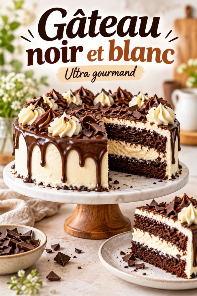 Un gâteau noir et blanc coupé en tranches sur une table de camping