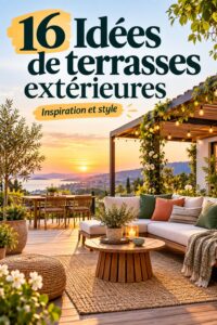 Terrasse extérieure aménagée avec des meubles confortables et des plantes.