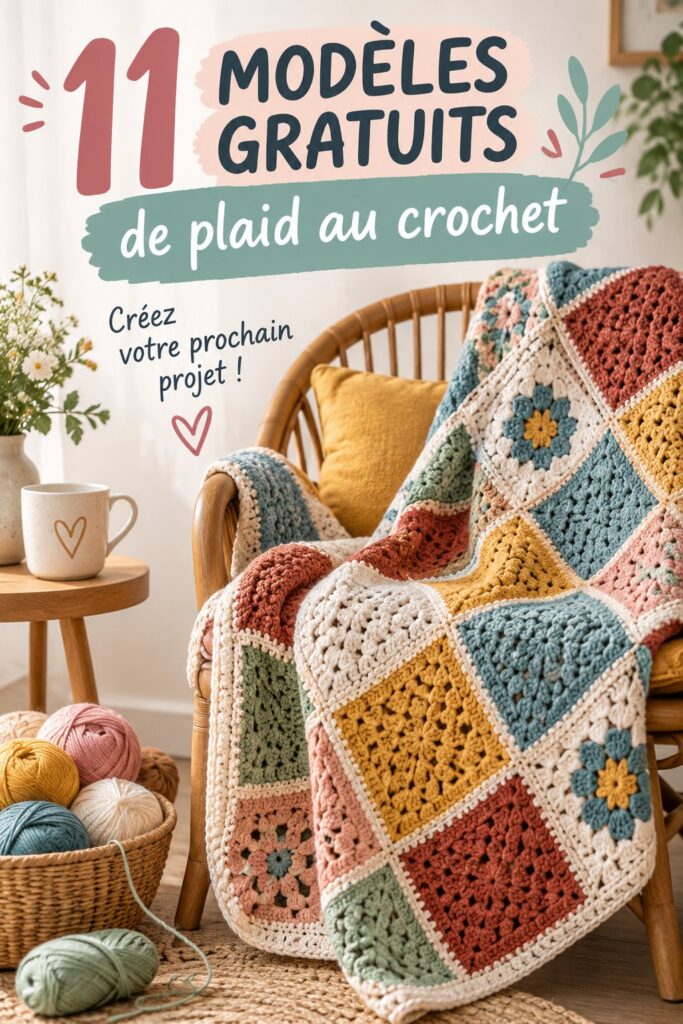 Un joli quilt au crochet représentant des motifs colorés sur un lit douillet.