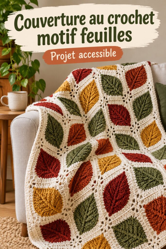 Plaid en crochet aux motifs de feuilles colorées sur un canapé accueillant
