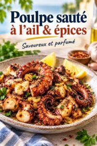 Un plat de pouple sauté à l'ail et épices en pleine nature lors d'un moment de camping.