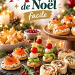 Table dressée pour un apéritif de Noël avec diverses mises en bouche.