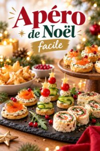 Table dressée pour un apéritif de Noël avec diverses mises en bouche.