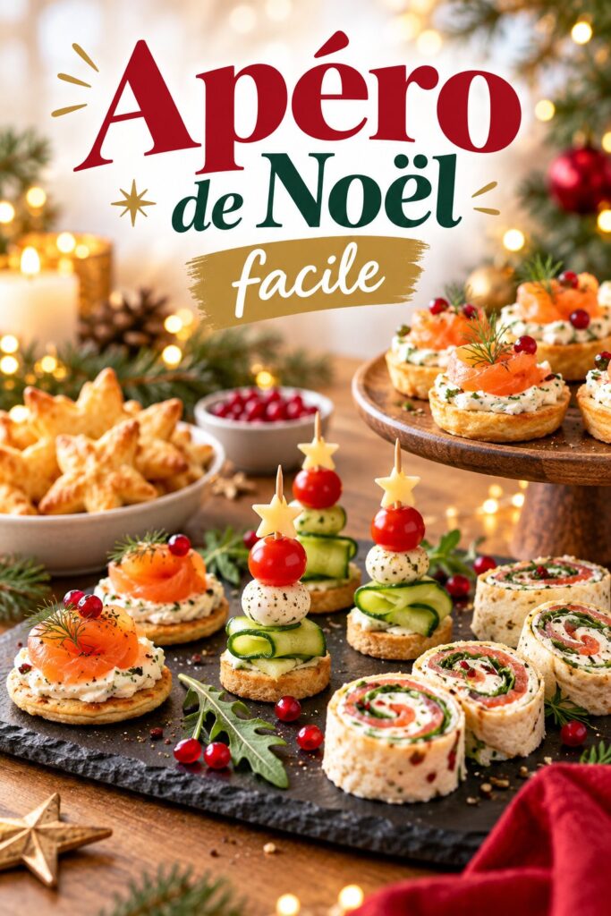 Table dressée pour un apéritif de Noël avec diverses mises en bouche.