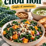 Assiette de chou noir sauté avec des légumes colorés en arrière-plan.