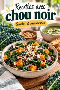 Assiette de chou noir sauté avec des légumes colorés en arrière-plan.