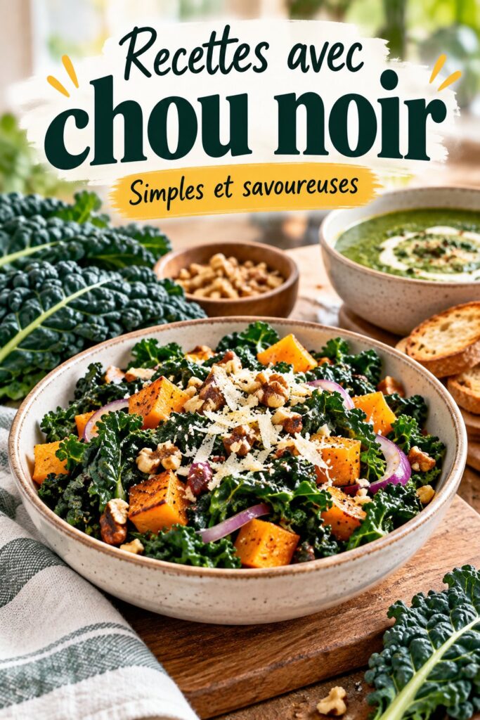 Assiette de chou noir sauté avec des légumes colorés en arrière-plan.