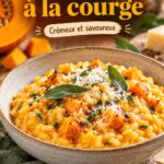 Un plat de risotto à la courge servie dans une assiette au camping, mettant en avant la texture crémeuse et la couleur orangée.