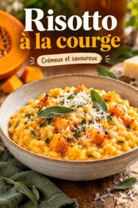 Un plat de risotto à la courge servie dans une assiette au camping, mettant en avant la texture crémeuse et la couleur orangée.
