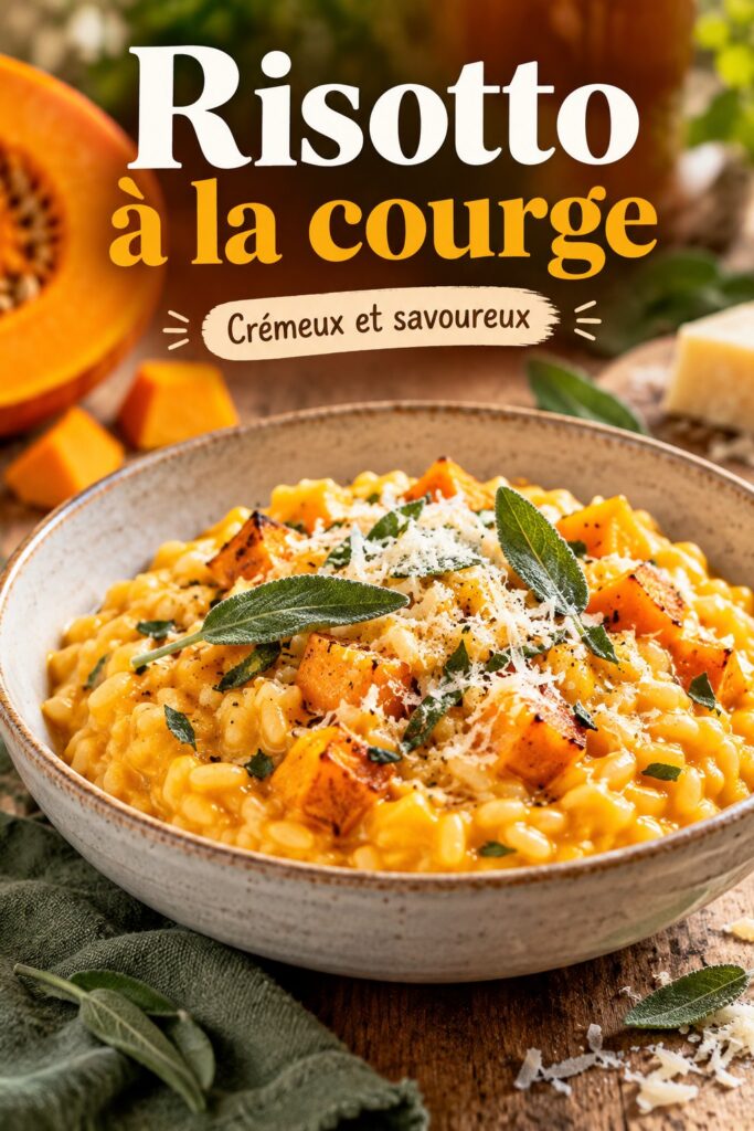 Un plat de risotto à la courge servie dans une assiette au camping, mettant en avant la texture crémeuse et la couleur orangée.