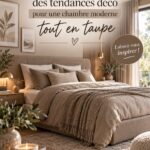 Chambre moderne décorée en taupe avec des touches de couleur et un éclairage chaleureux.