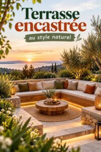 Terrasse en bois intégrée à un jardin verdoyant et naturel