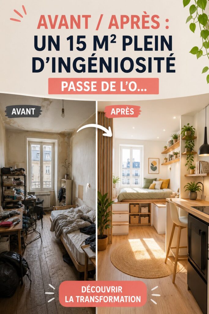 Avant/Après d'une transformation d'un 15 m², mettant en avant un espace lumineux et fonctionnel.